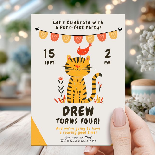 Cheerful Tiger Cat Birthday Celebration Invitation (Creator Uploaded)