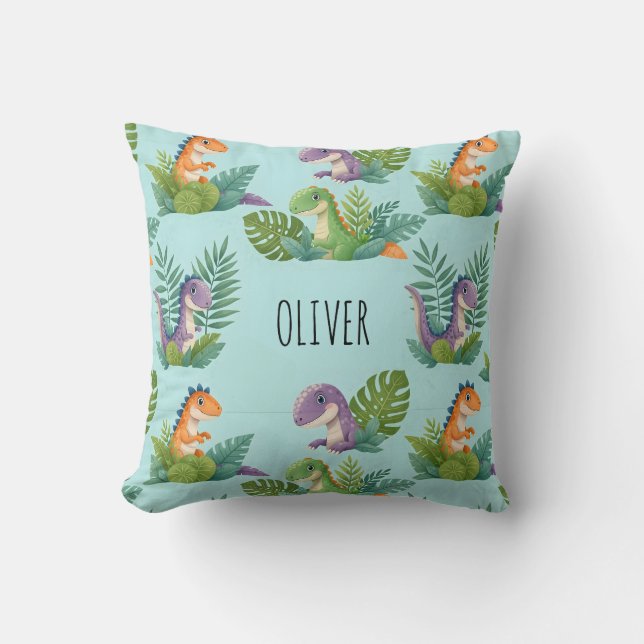 Cheerful Tropical Dinosaur Pattern Cushion (Front)
