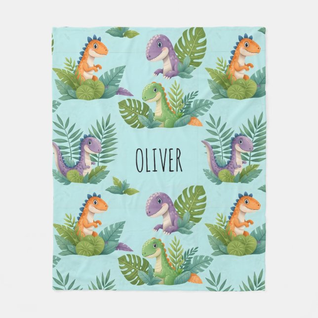 Cheerful Tropical Dinosaur Pattern Fleece Blanket (Front)