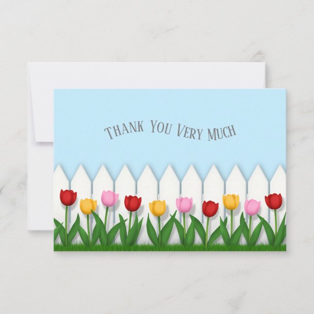 Cheerful Tulips & White Picket Fence Custom Thank You Card (Front)