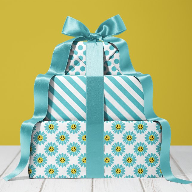 Cheerful Turquoise Daisy Floral Stripes Polka Dot  Wrapping Paper Sheet (Creator Uploaded)