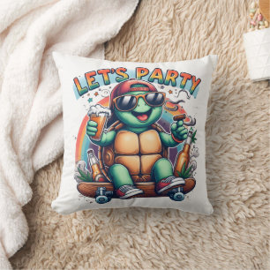 Cheerful turtle skateboarding at a vibrant party cushion