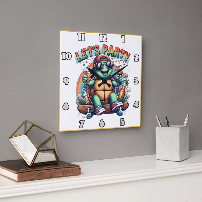 Cheerful turtle skateboarding at a vibrant party square wall clock (Office)