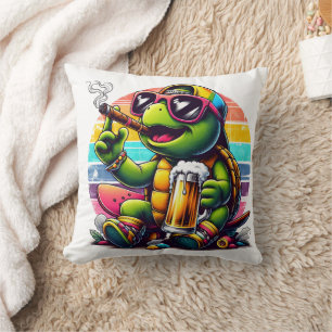 Cheerful turtle toasting at sunset cushion
