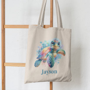 Cheerful Turtle Watercolor - Kids Oceanic Tote Bag