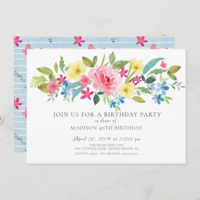 Cheerful Watercolor Floral Birthday Party Invitation (Front/Back)