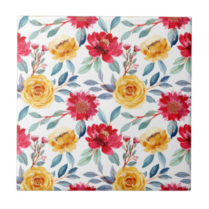 Cheerful Watercolor Floral Pattern in Yellow Rose Ceramic Tile