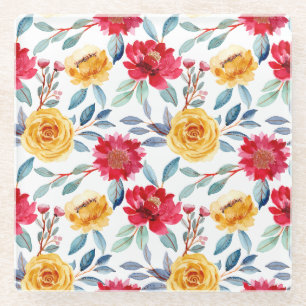Cheerful Watercolor Floral Pattern in Yellow Rose Glass Coaster