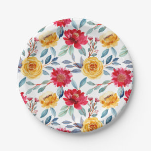 Cheerful Watercolor Floral Pattern in Yellow Rose Paper Plate
