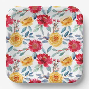 Cheerful Watercolor Floral Pattern in Yellow Rose Paper Plate