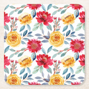 Cheerful Watercolor Floral Pattern in Yellow Rose Square Paper Coaster