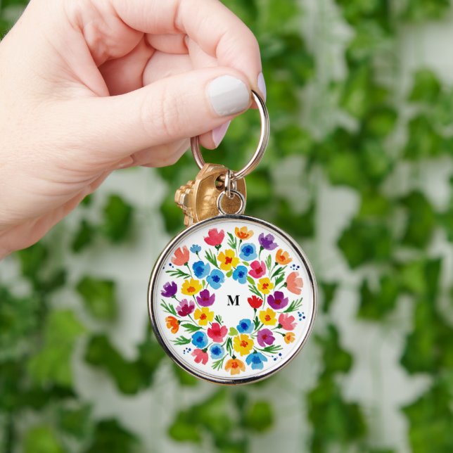 Cheerful Watercolor Florals Key Ring (Hand)
