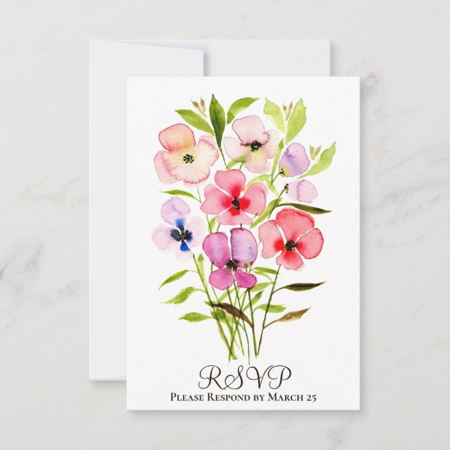 Cheerful Watercolor Pansies & Wildflowers Wedding RSVP Card (Front)