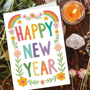 Cheerful Whimsical HAPPY NEW YEAR Handlettering Card