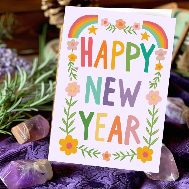 Cheerful Whimsical HAPPY NEW YEAR Handlettering Card (Cheerful Whimsical HAPPY NEW YEAR Rainbow Boho Floral Handlettering Greeting Card
)