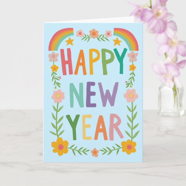 Cheerful Whimsical HAPPY NEW YEAR Handlettering Card (Orchid)
