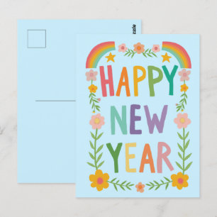 Cheerful Whimsical HAPPY NEW YEAR Handlettering  Postcard