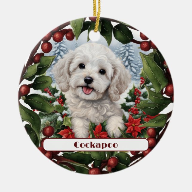 Cheerful White Cockapoo Puppy Custom Christmas  Ceramic Ornament (Front)