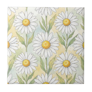 Cheerful White Daisy Floral Pattern Ceramic Tile