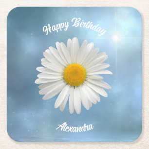 Cheerful White Daisy Square Paper Coaster