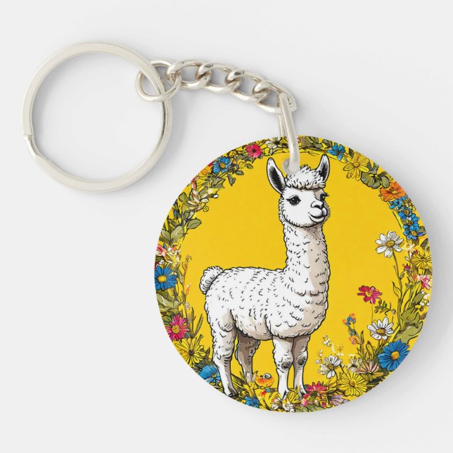 Cheerful white llama key ring (Front)