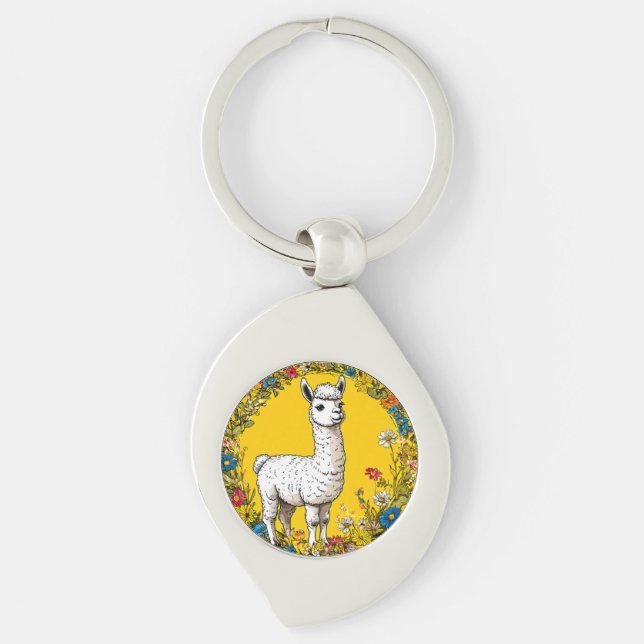 Cheerful white llama key ring (Front)