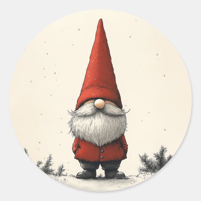 Cheerful Winter Gnome in Red Hat Classic Round Sticker (Front)