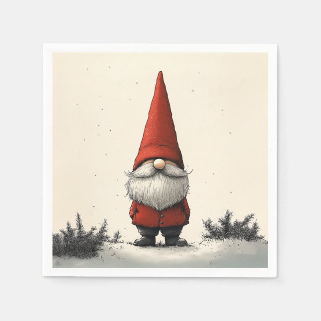 Cheerful Winter Gnome in Red Hat Napkin (Front)