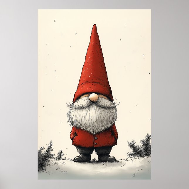 Cheerful Winter Gnome in Red Hat Poster (Front)