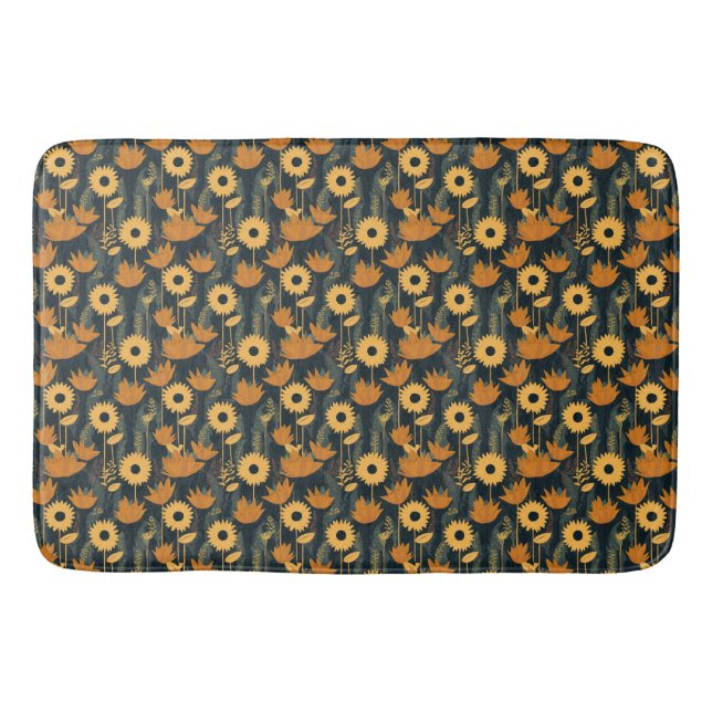Cheerful Yellow and Orange Retro Looking Flowers Bath Mat (Front)