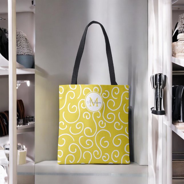 Cheerful Yellow and White Pattern with Monogram Tote Bag (Creator Uploaded)