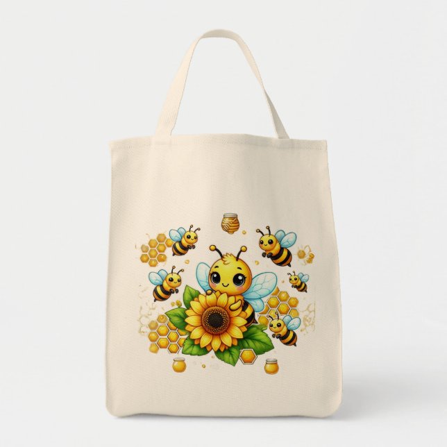 Cheerful Yellow Bee and Sunflower Tote Bag (Front)