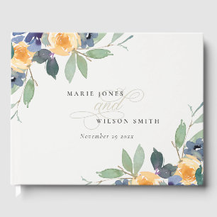Cheerful Yellow Blue Floral Watercolor Wedding Guest Book