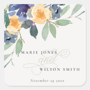 Cheerful Yellow Blue Floral Watercolor Wedding Square Sticker