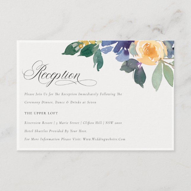 Cheerful Yellow Blue Floral Wedding Reception Enclosure Card (Front)