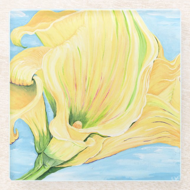 Cheerful Yellow Calla Lily Glass Coaster (Front)