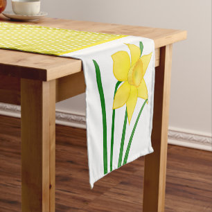 Cheerful Yellow Daffodil Flower with Polka-Dots Short Table Runner