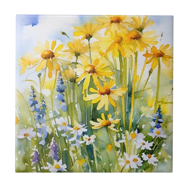 Cheerful Yellow daisies, wildflowers  Ceramic Tile (Front)