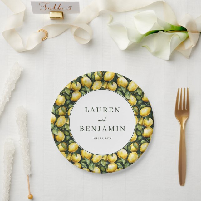 Cheerful Yellow Lemon Illustration Paper Plate (Wedding)
