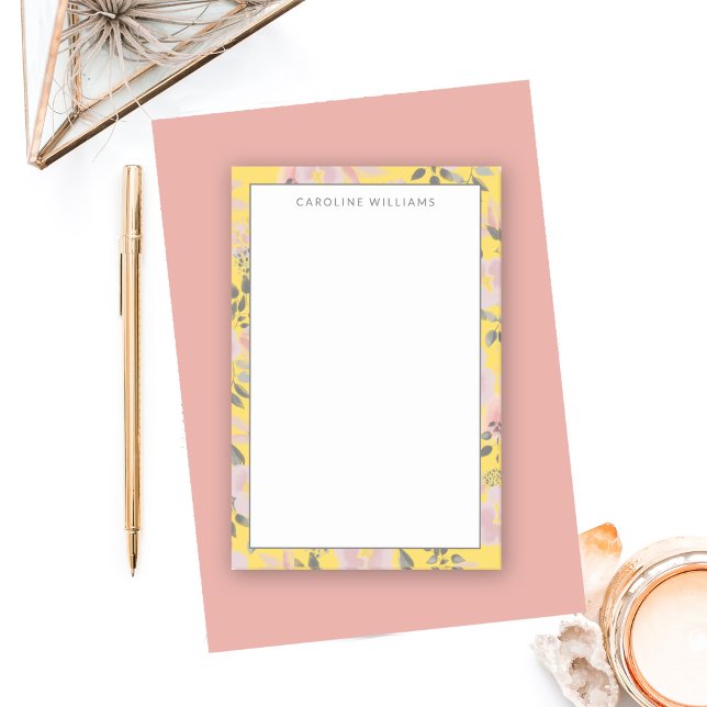 Cheerful Yellow Pink Grey Floral with Name Post-it Notes (Creator Uploaded)
