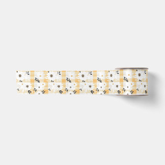 Cheerful Yellow Plaid & Little Flowers Ribbon Satin Ribbon