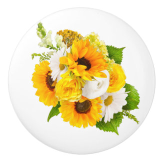 Cheerful Yellow Sunflower Floral Bouquet Ceramic Knob