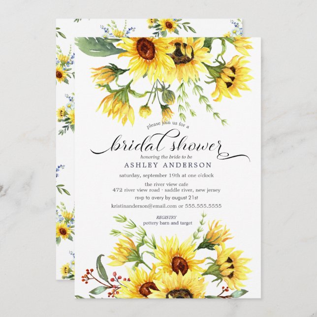 Cheerful Yellow Sunflower Floral Bridal Shower Invitation (Front/Back)