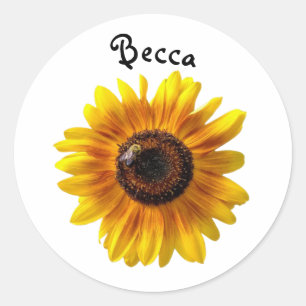 Cheerful Yellow Sunflower with Bee Personalised Classic Round Sticker