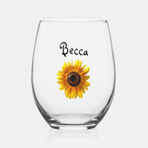 Cheerful Yellow Sunflower with Bee Personalised Stemless Wine Glass