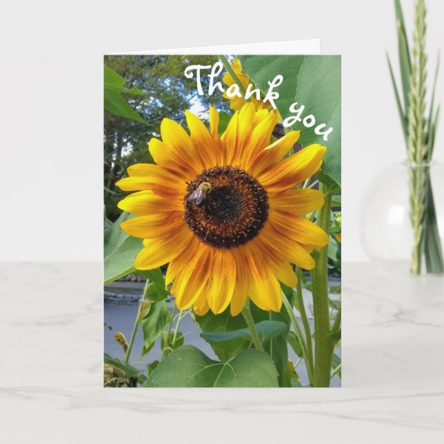 Cheerful Yellow Sunflower with Bee Thank You Card (Front)