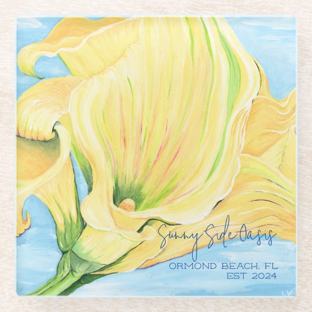 Cheerful Yellow Vacation Home Calla Lily Glass Coaster (Front)