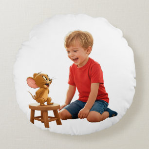 Cheerful Young Boy Interacting with Animated Jerry Round Cushion