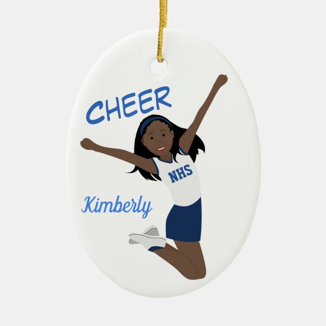 Cheerleader African American Dark Blue & White Ceramic Ornament (Front)
