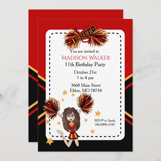 Cheerleader Birthday Party in Dark Red & Gold Invitation (Front/Back)